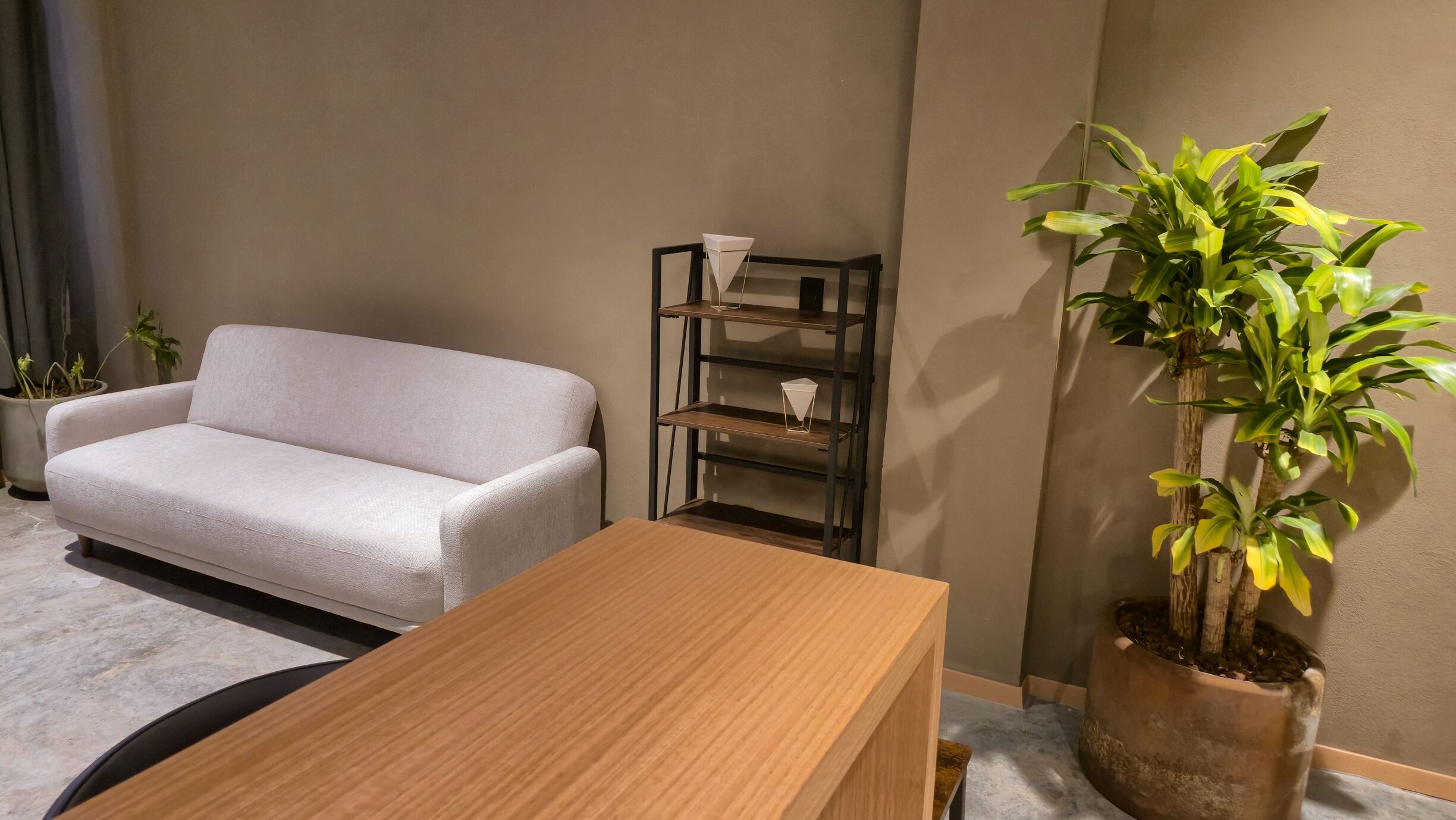 Una sala de estar con un sofá blanco, una mesa de centro de madera, una estantería metálica y una planta en maceta.