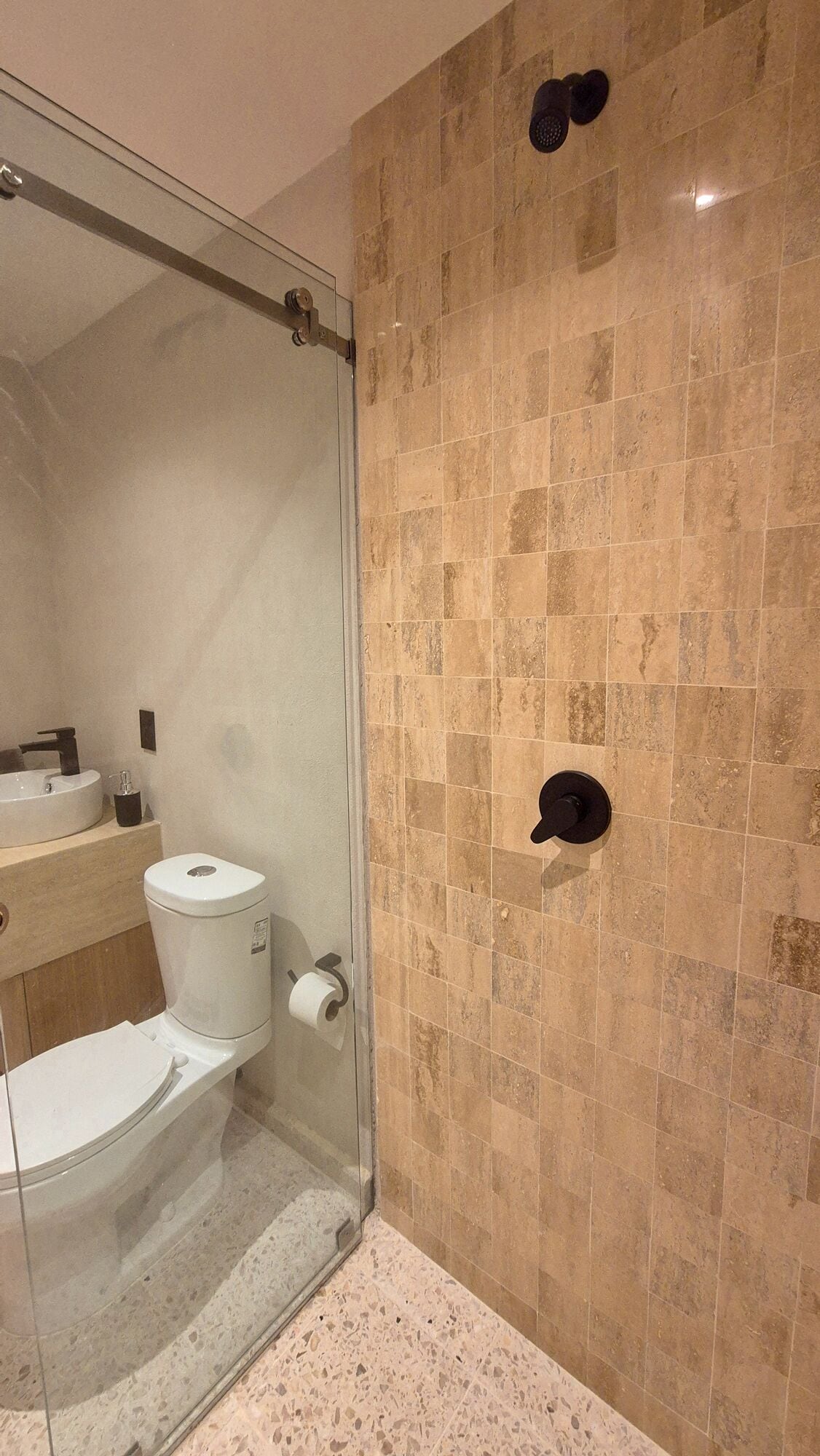 Une salle de bain avec une douche à parois de verre, des toilettes et un lavabo.