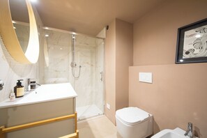 Shower, hair dryer, bidet, towels