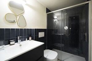 Shower, hair dryer, bidet, towels