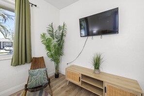 A room with a TV mounted on the wall, a wooden chair with a cushion, a potted plant, and a wooden console table.