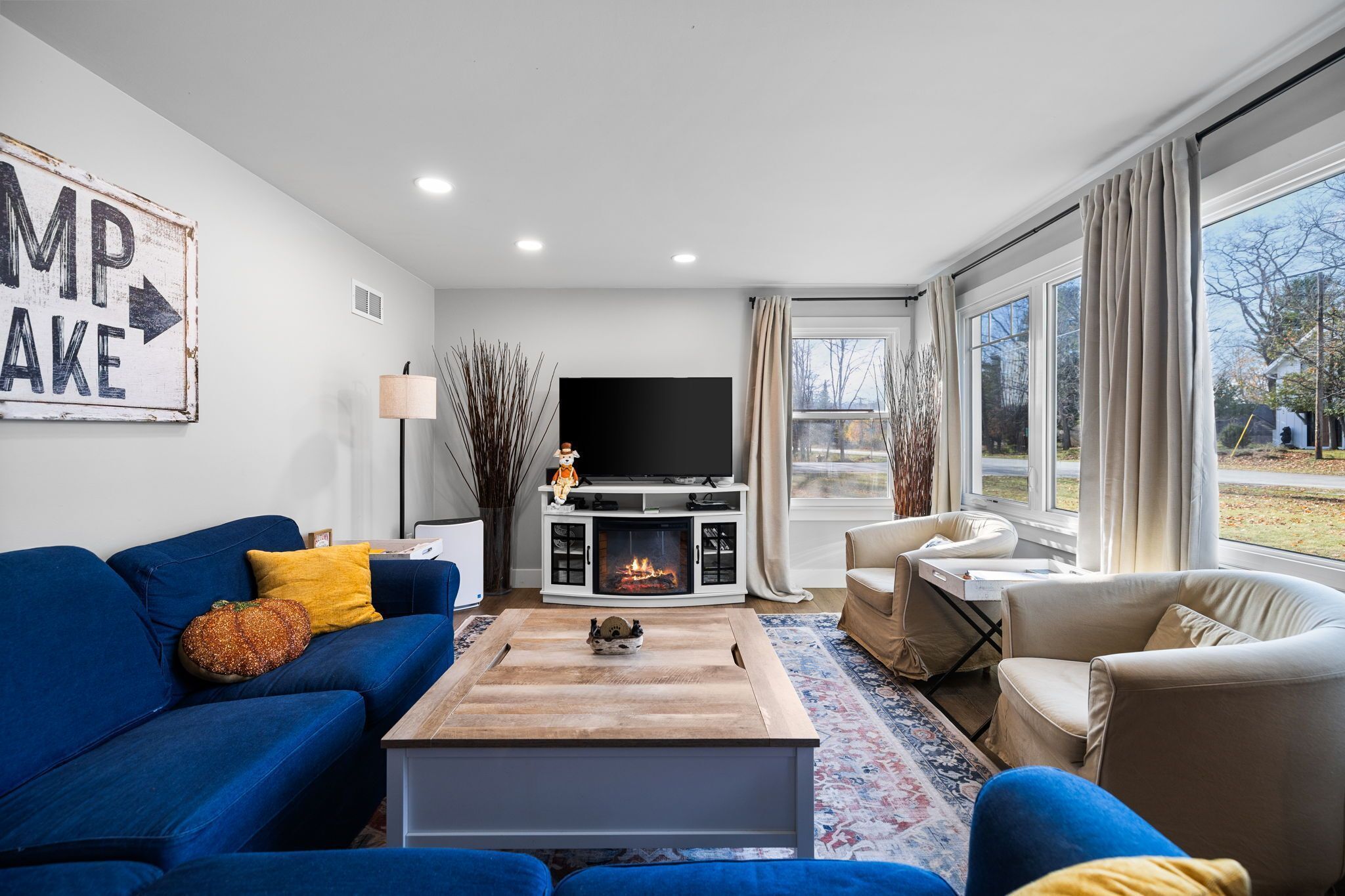 Televisio, takka, kirjoja, stereot