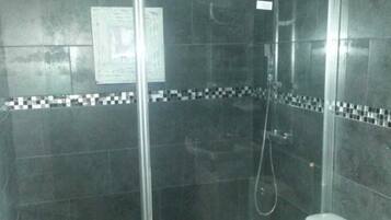 Shower, hair dryer, towels, toilet paper