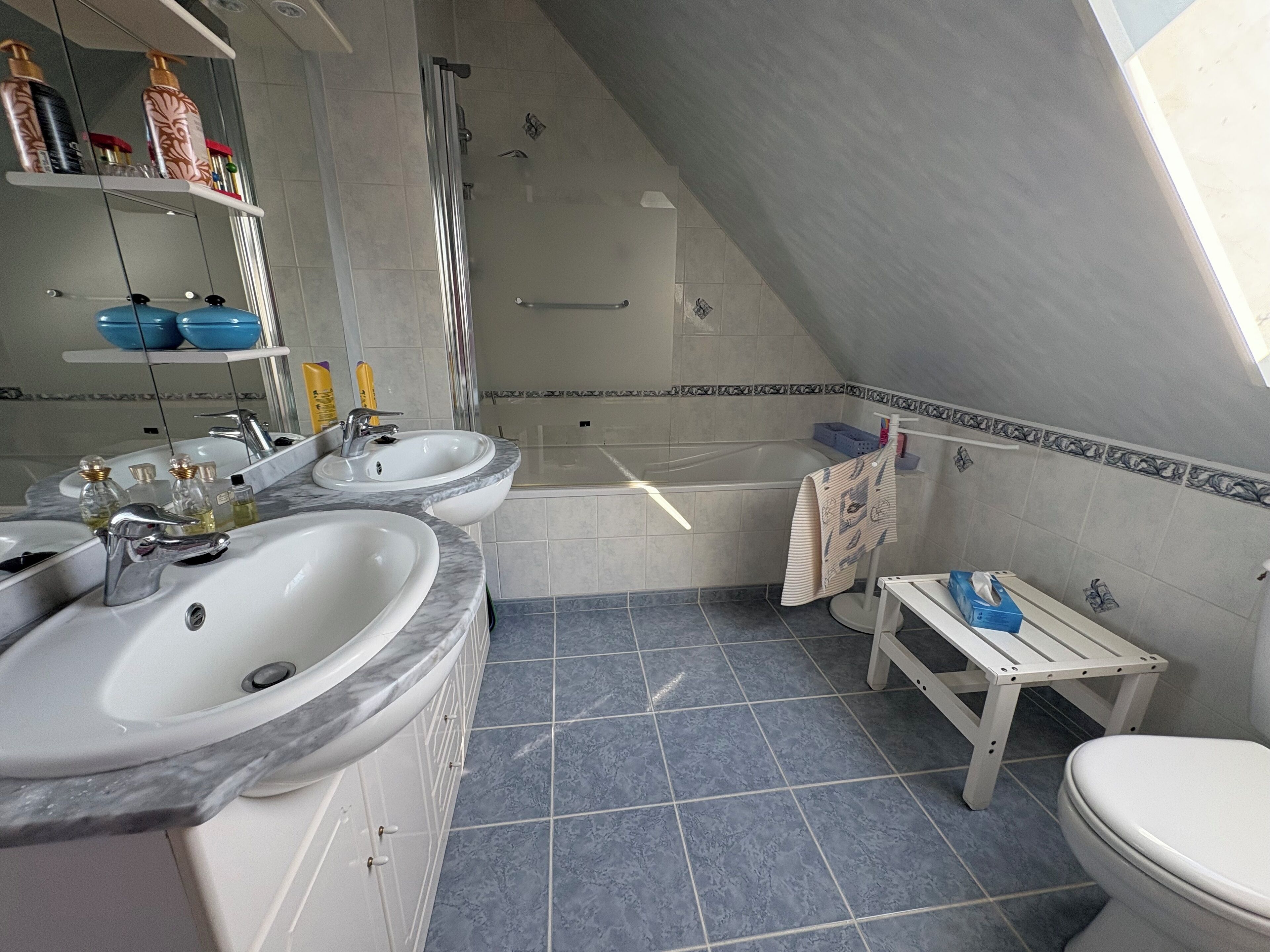 Dusj, hårføner, håndklær og toalettpapir