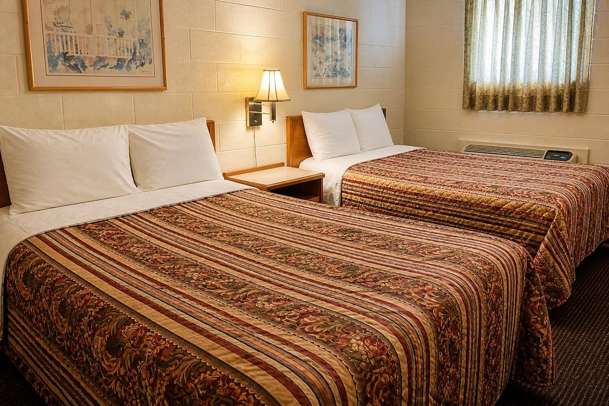 A hotel room with two beds, a nightstand, a lamp, and two framed pictures on the wall.