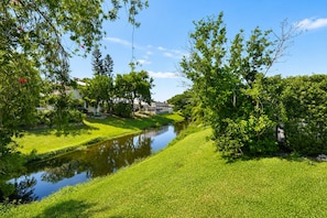 Un paysage paisible au bord de la rivière, avec une végétation luxuriante et une étendue d’eau calme.
