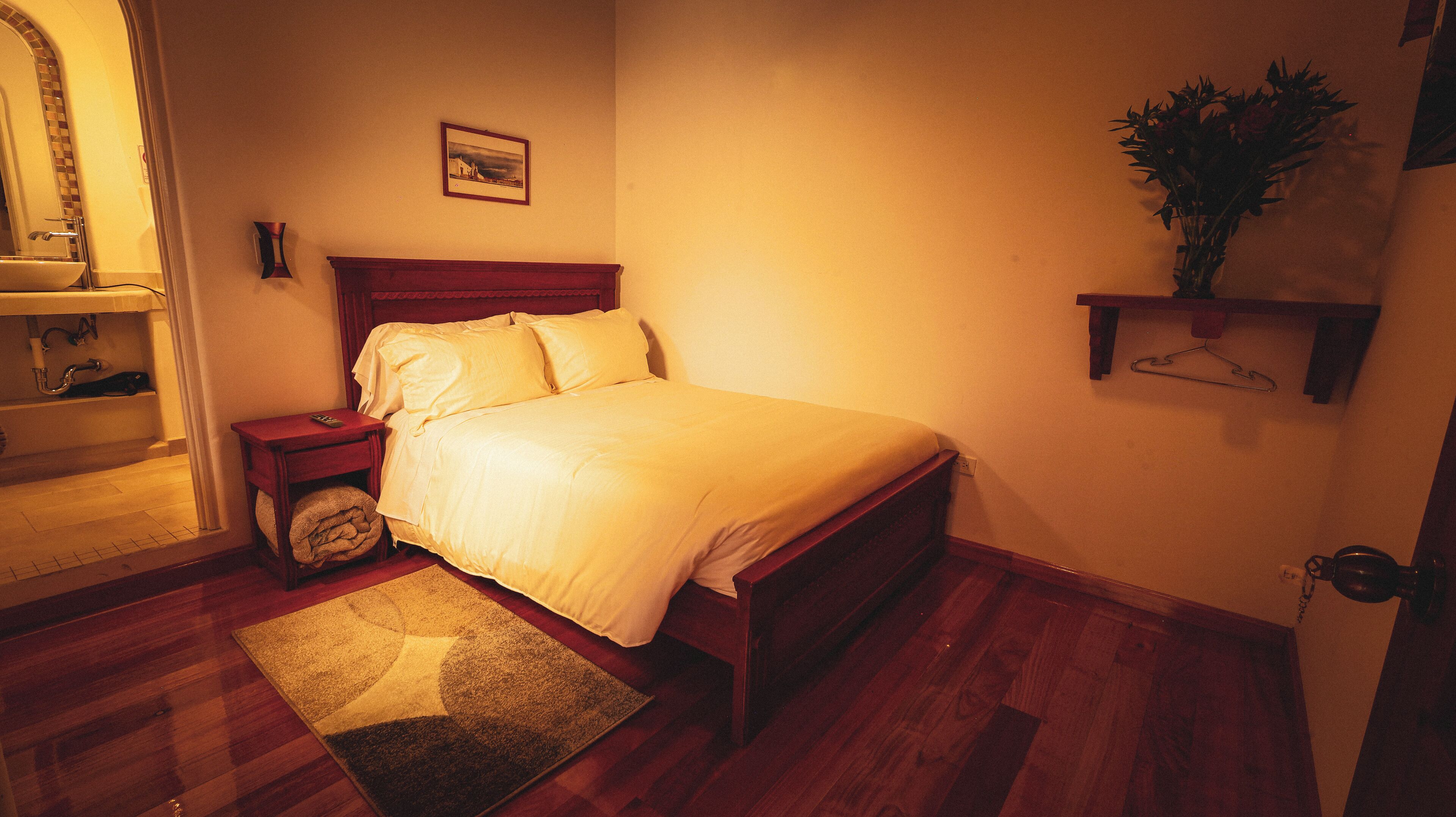 Un dormitorio con una cama de madera, una mesita de noche, una pequeña alfombra, un cuadro en la pared y una planta en un estante.
