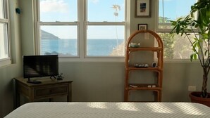 A bedroom with a bed, a TV on a wooden table, a plant, and a view of the ocean through large windows. - Serene Escape + 3 Mins to Beach + Dining (St. Thomas)