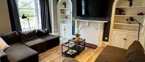 TV, fireplace, books