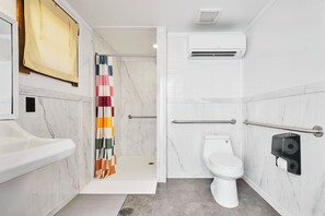 Shower, towels, soap, shampoo