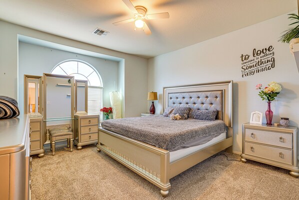 Desk, internet, bed sheets