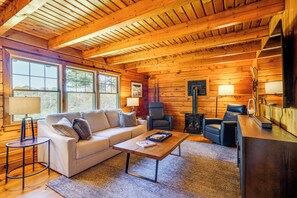 TV, fireplace, books, stereo