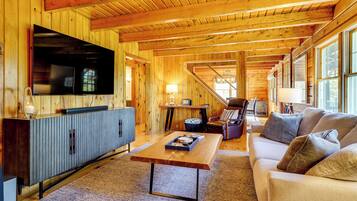TV, fireplace, books, stereo