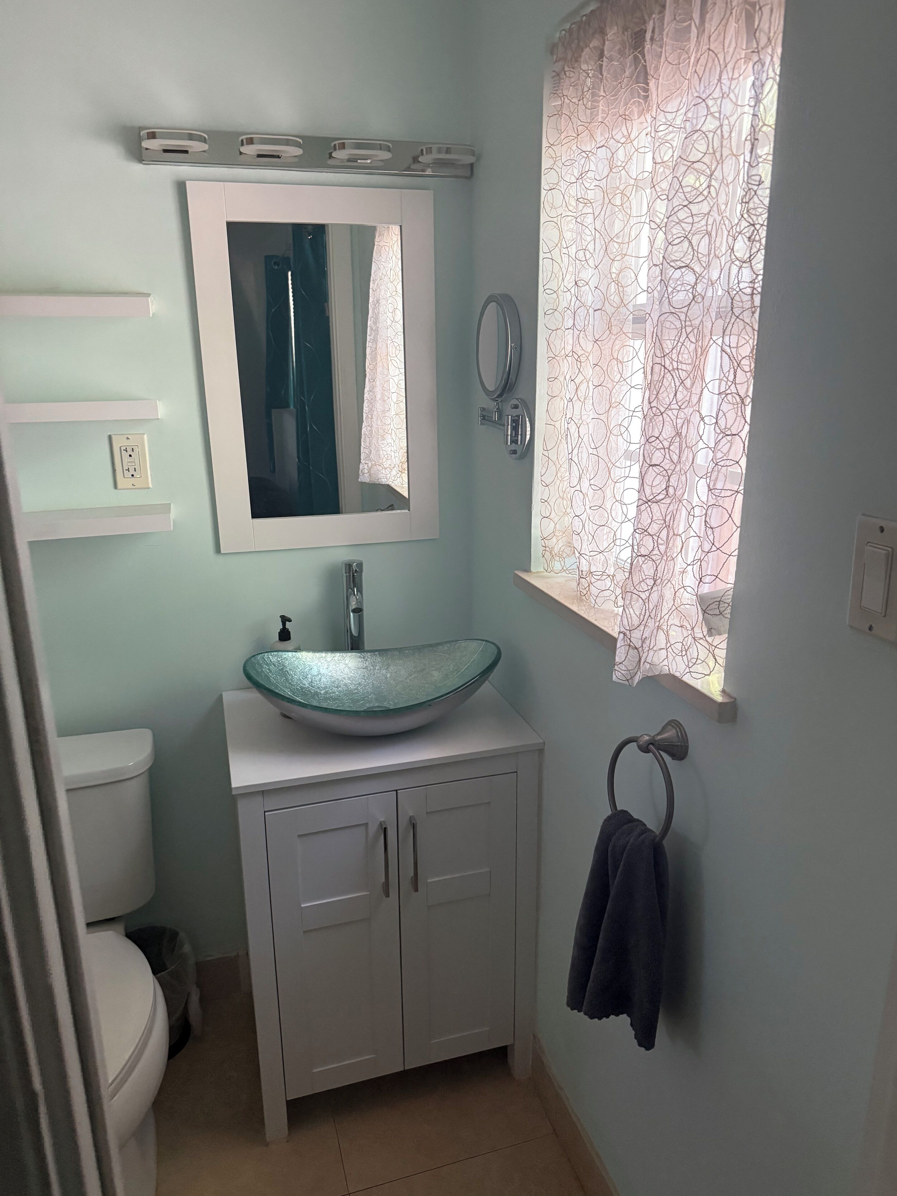 Hair dryer, towels, soap, toilet paper