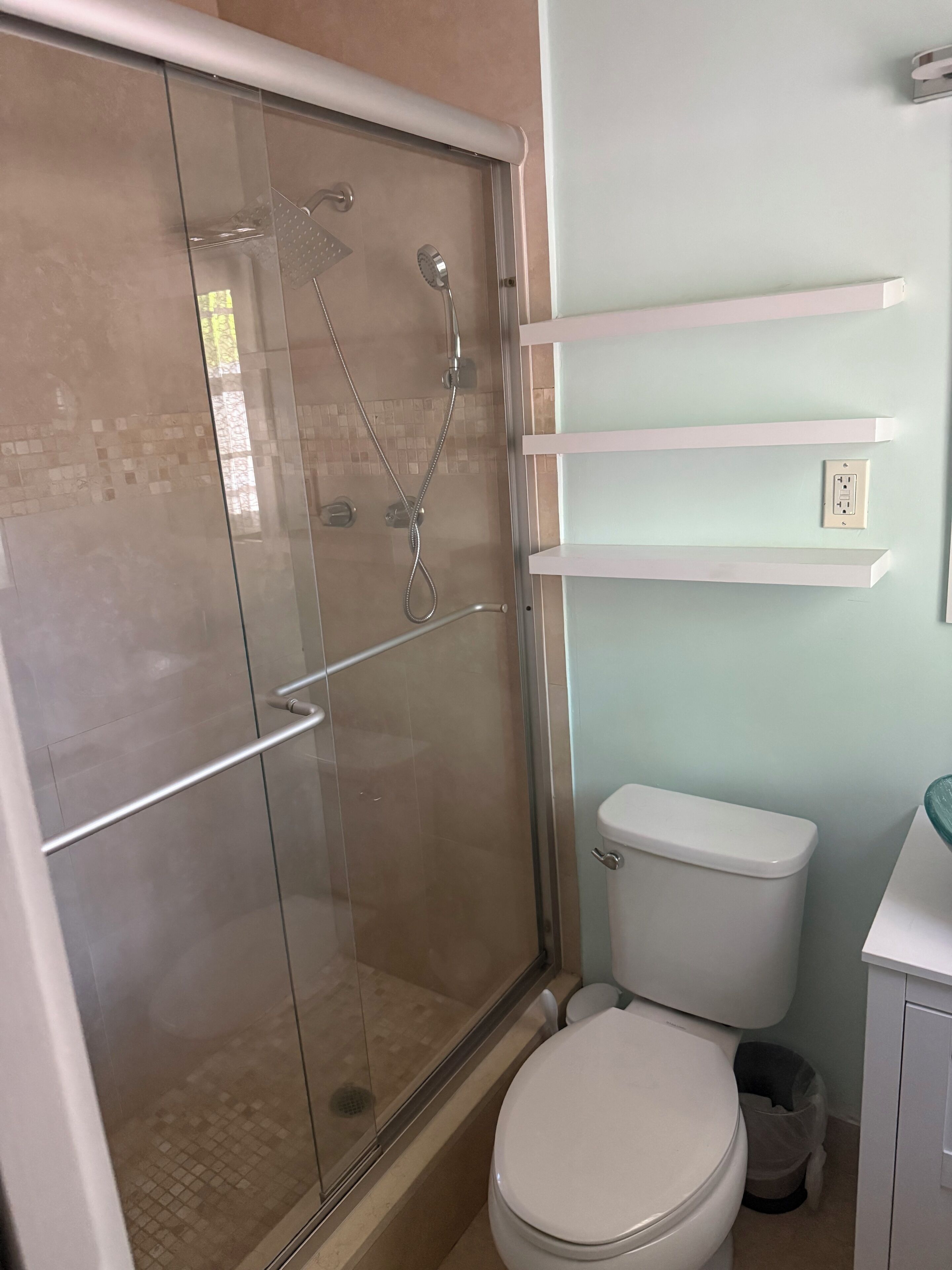 Hair dryer, towels, soap, shampoo