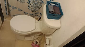 Hair dryer, towels, soap, shampoo