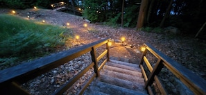 A wooden staircase with railings leading up a forested area, surrounded by natural ground cover and illuminated by small lights.