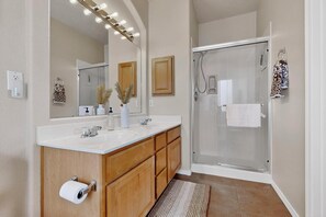 Hair dryer, towels, soap, shampoo