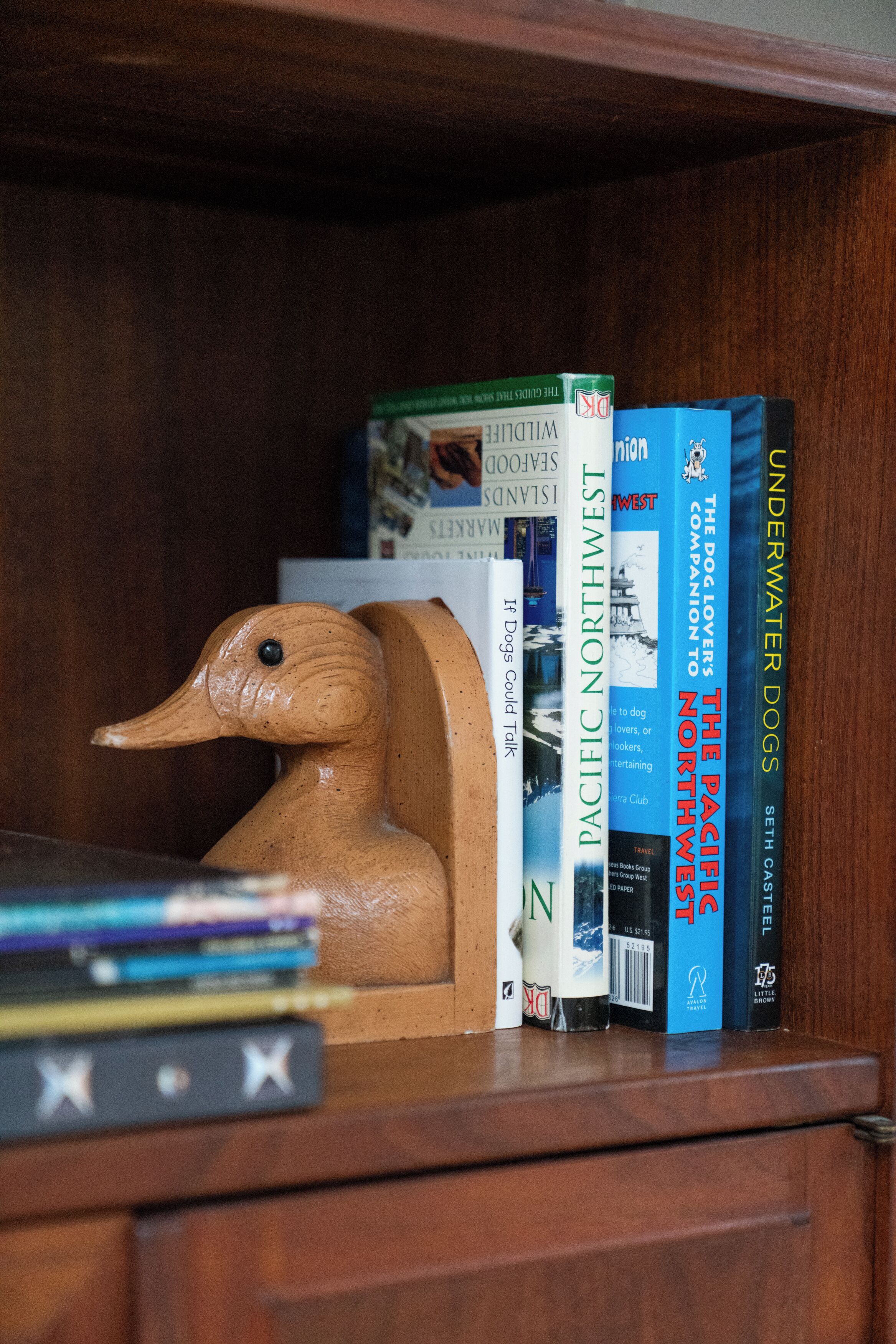 A wooden shelf with a duck-shaped book holder and several travel books.