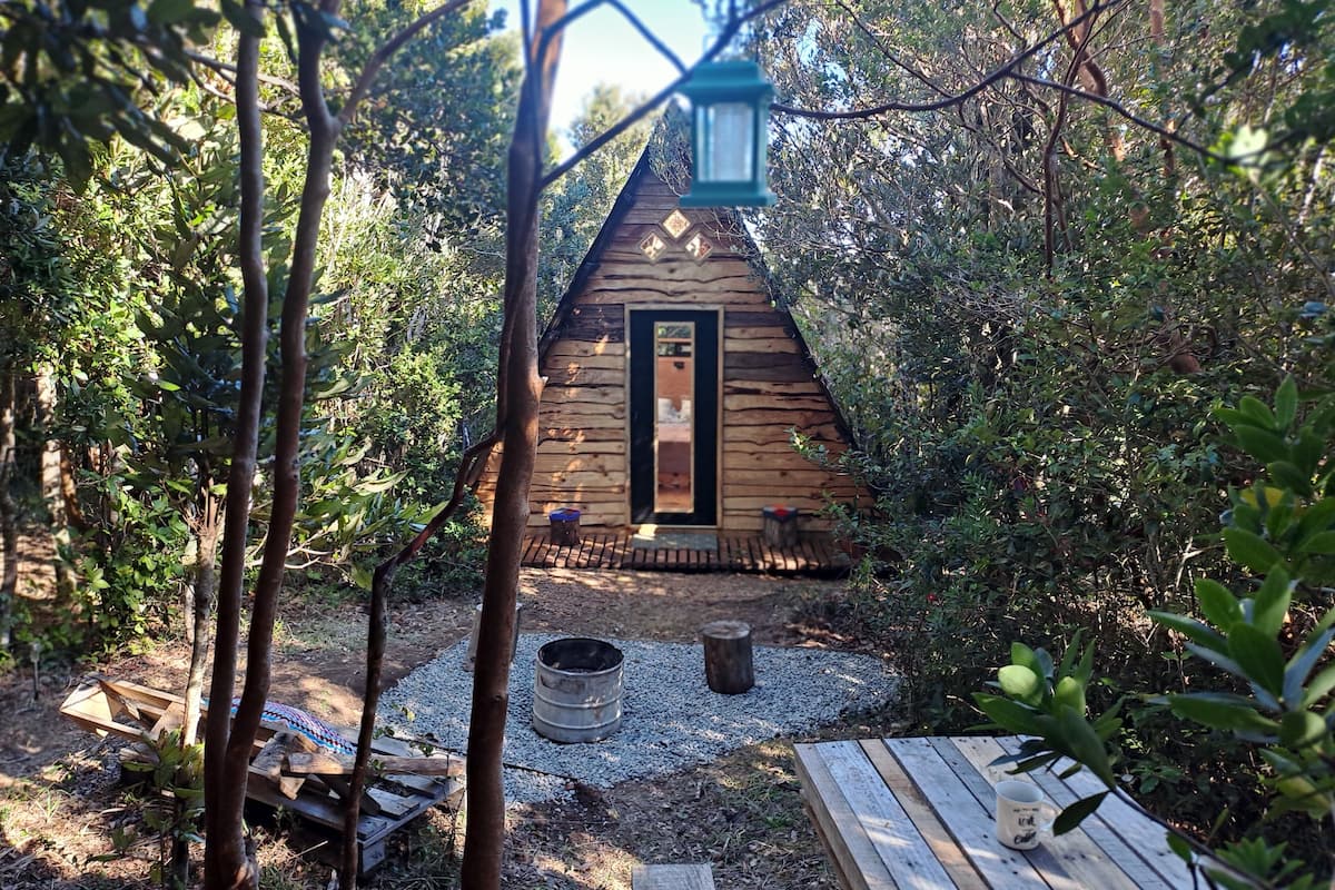 A wooden cabin with a front door and a lantern hanging above it, surrounded by trees and a gravel path.