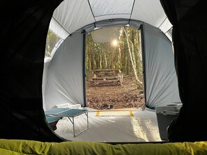 A tent with a view of a forest, a bench, and a table inside. - Ko Glamping (Valdivia)