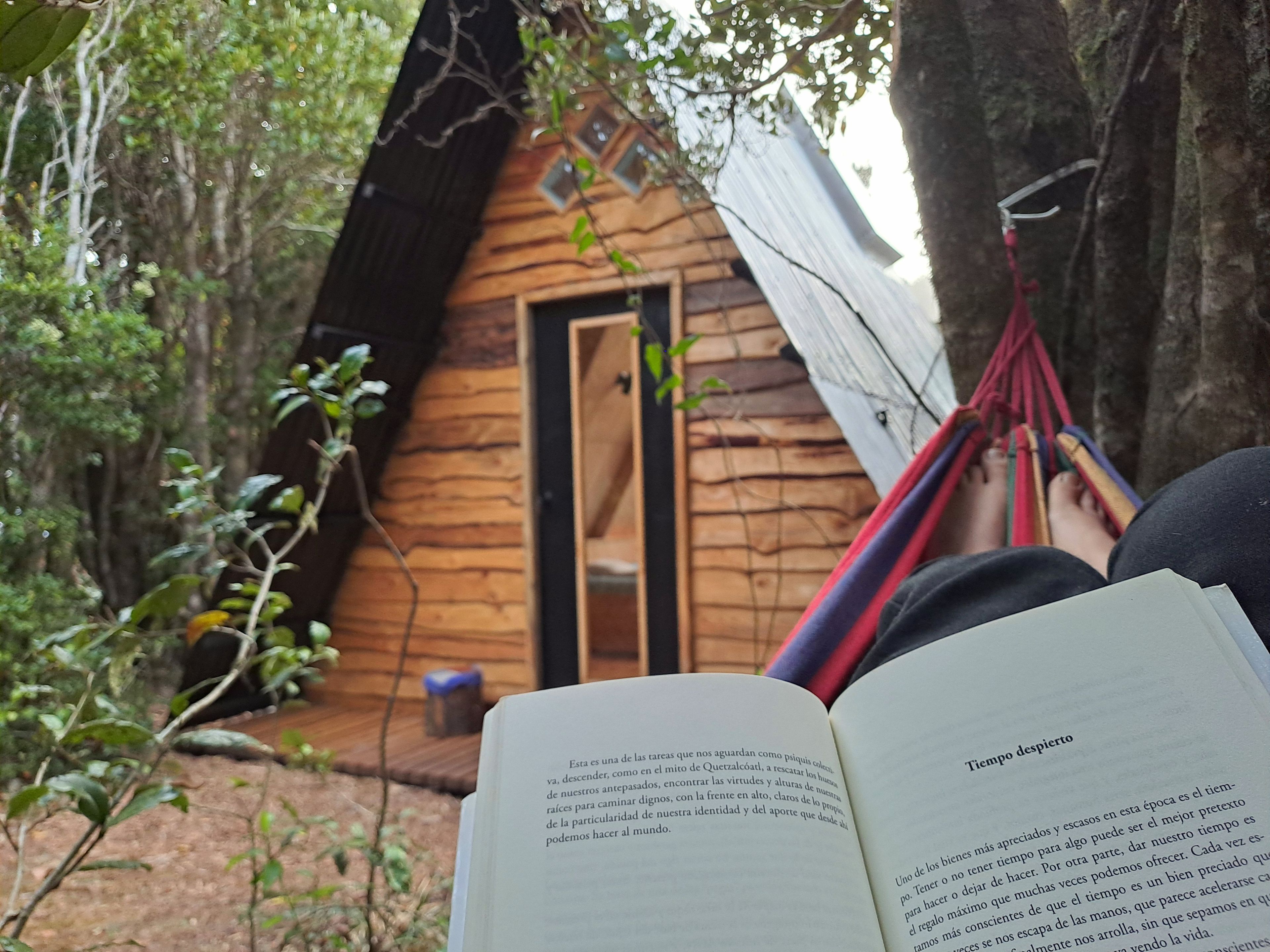 Un libro abierto con el título 'Tiempo despierto' y una vista de una cabaña de madera con una puerta y una hamaca.