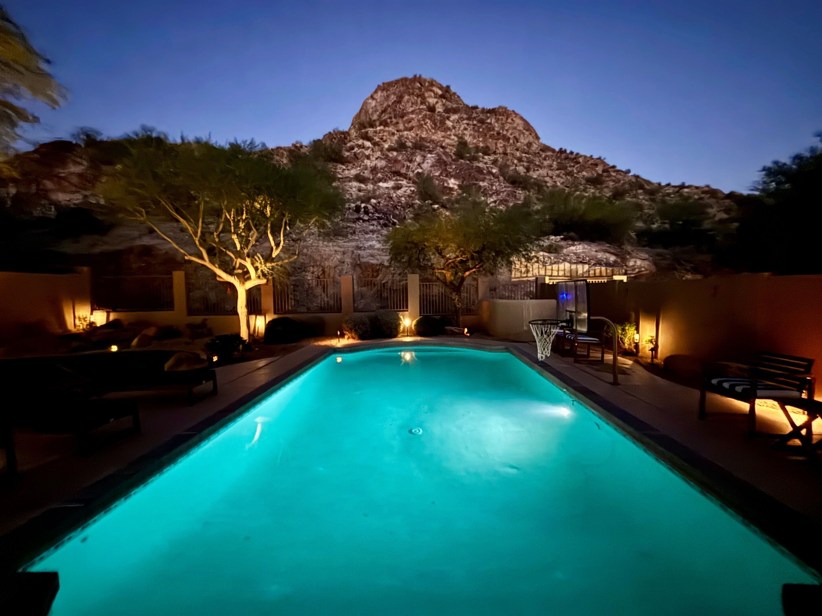 Backyard mountain and pool in the evening