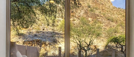 A view through a large window of a landscaped outdoor area with a pool, steps, and a mountain backdrop.
