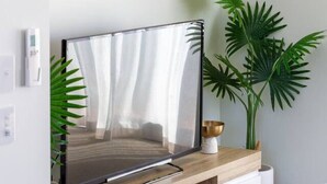 A modern living room with a flat-screen TV mounted on a wooden console, a potted plant, and a vase with flowers.