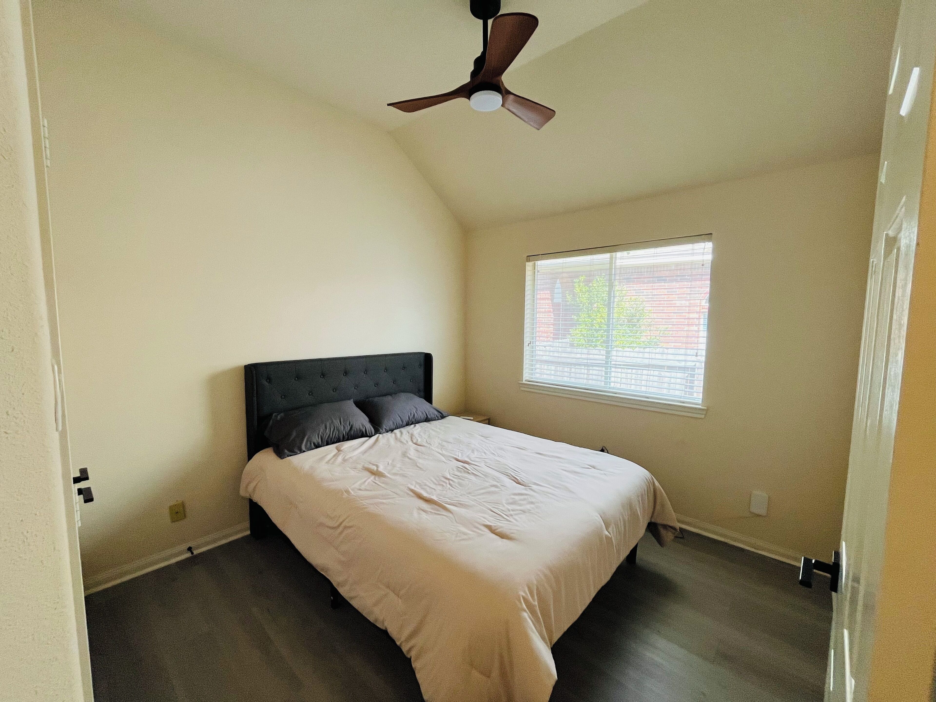A bedroom with a bed, a ceiling fan, a window, and a door.
