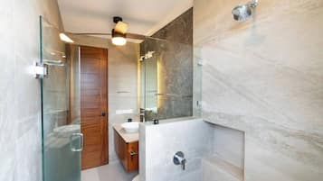 Shower, towels, soap, toilet paper