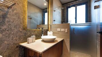 Shower, towels, soap, toilet paper