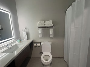 Hair dryer, towels, soap, toilet paper
