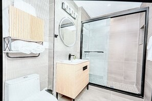 Shower, hair dryer, towels, soap