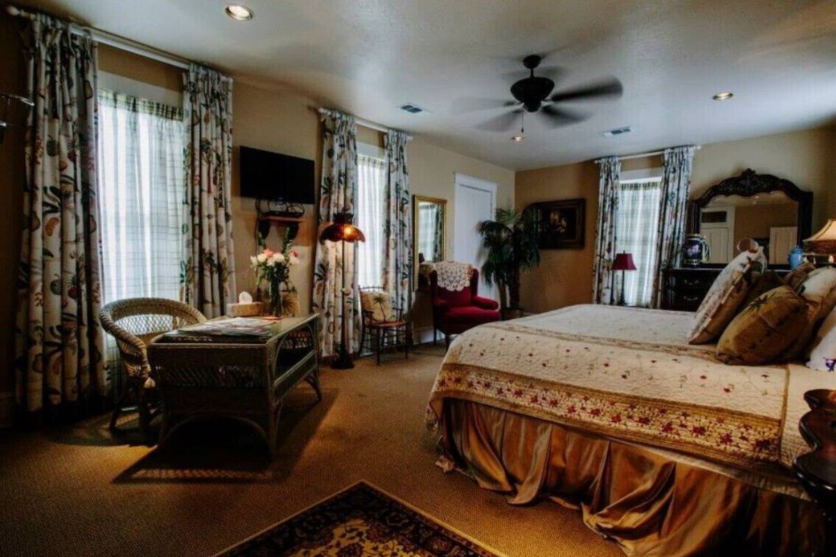 A bedroom with a bed, a desk, a chair, a television, and a ceiling fan.