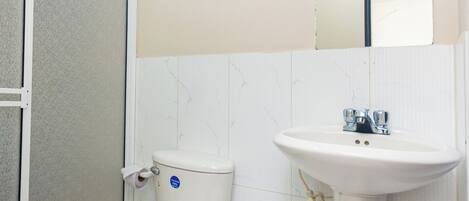 Un baño con inodoro, lavamanos y espejo.
