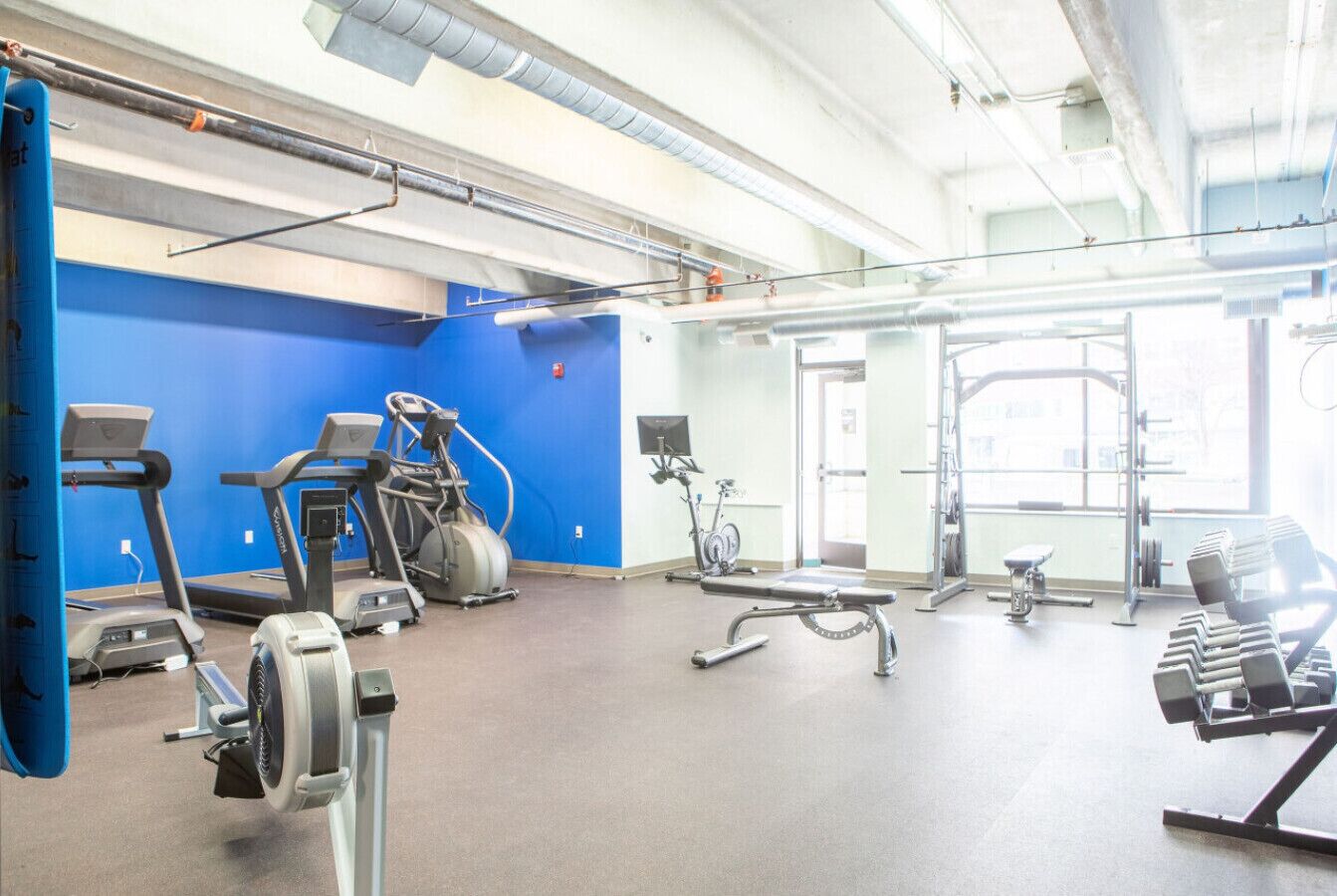 A gym with treadmills, stationary bikes, and weight benches.