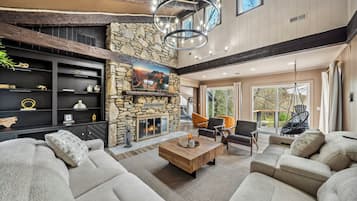 TV connectée, cheminée, livres, chaßne hi-fi