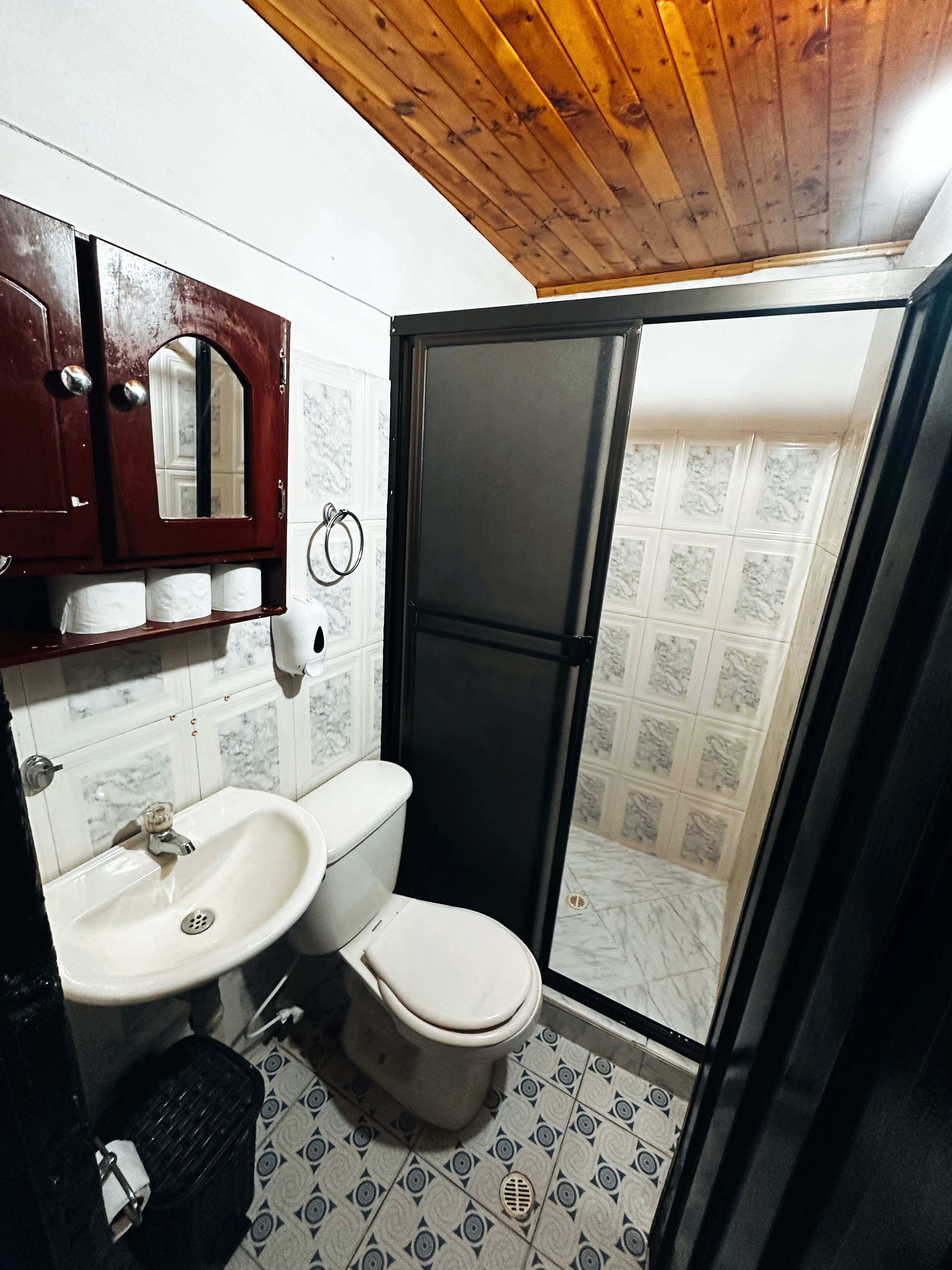 A bathroom with a wooden ceiling, a white sink, a toilet, and a shower enclosure.