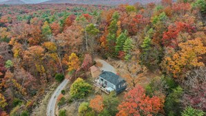Une cabane entourée d’une forêt aux couleurs automnales.