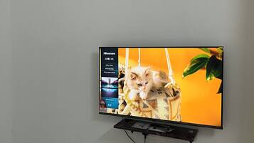 A flat-screen TV mounted on a wall with a Hisense logo, displaying a menu interface.
