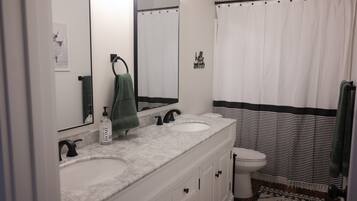 Shower, hair dryer, bidet, towels