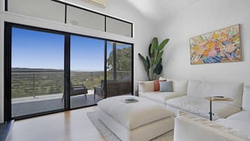 TV, fireplace, books, computer monitors