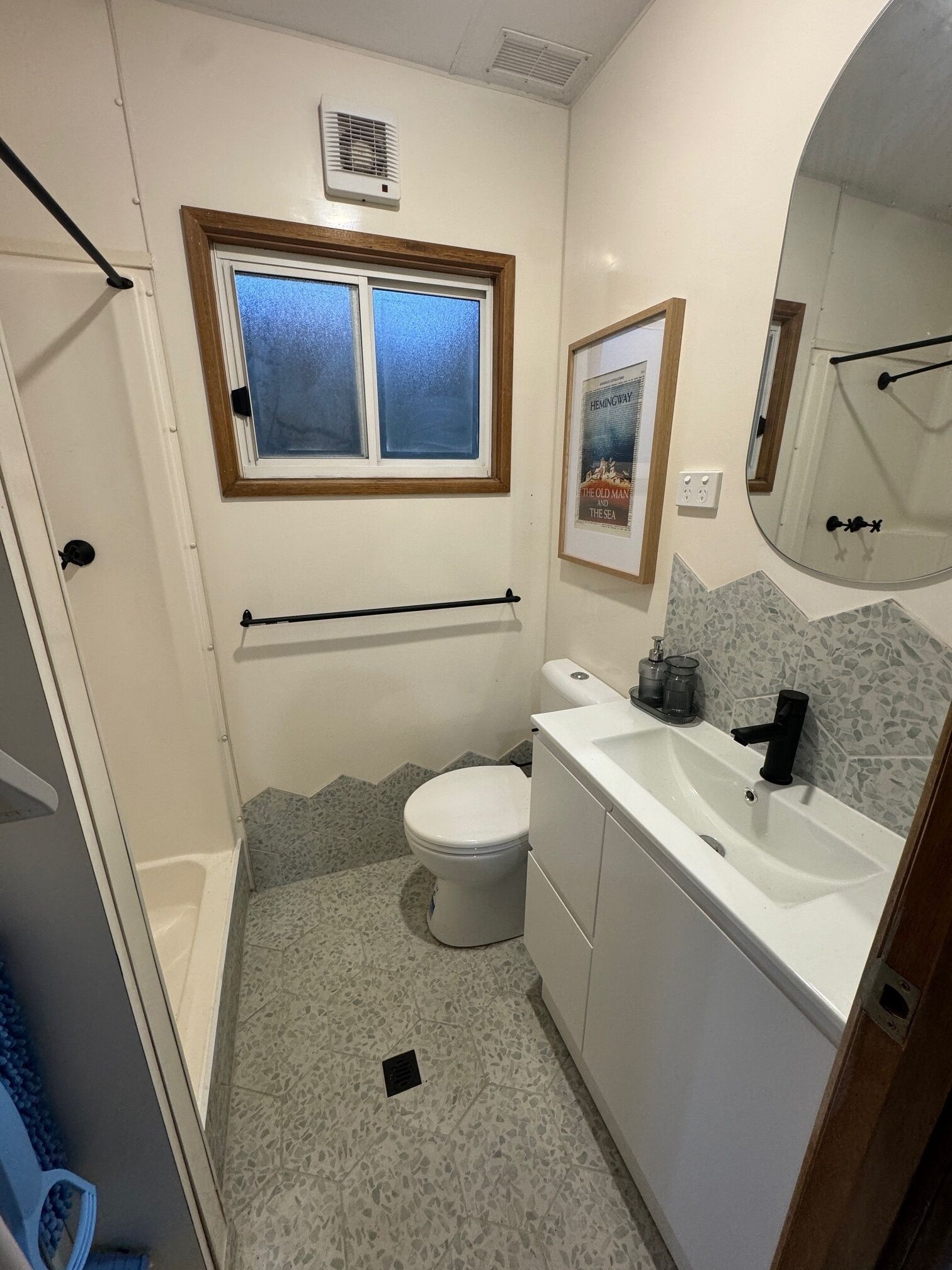 Hair dryer, towels, soap, toilet paper