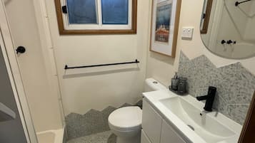 Hair dryer, towels, soap, toilet paper