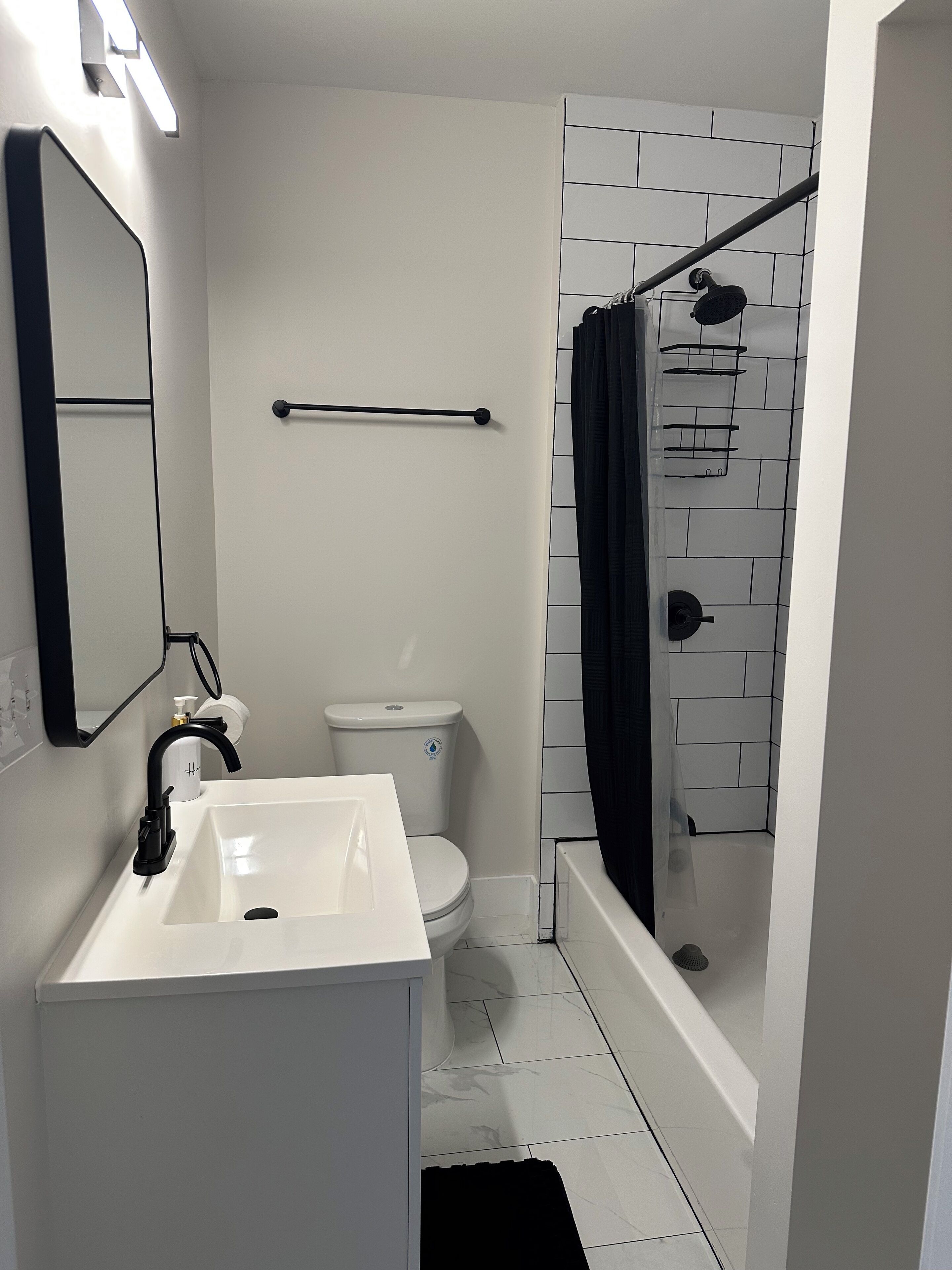 Hair dryer, towels, soap, toilet paper