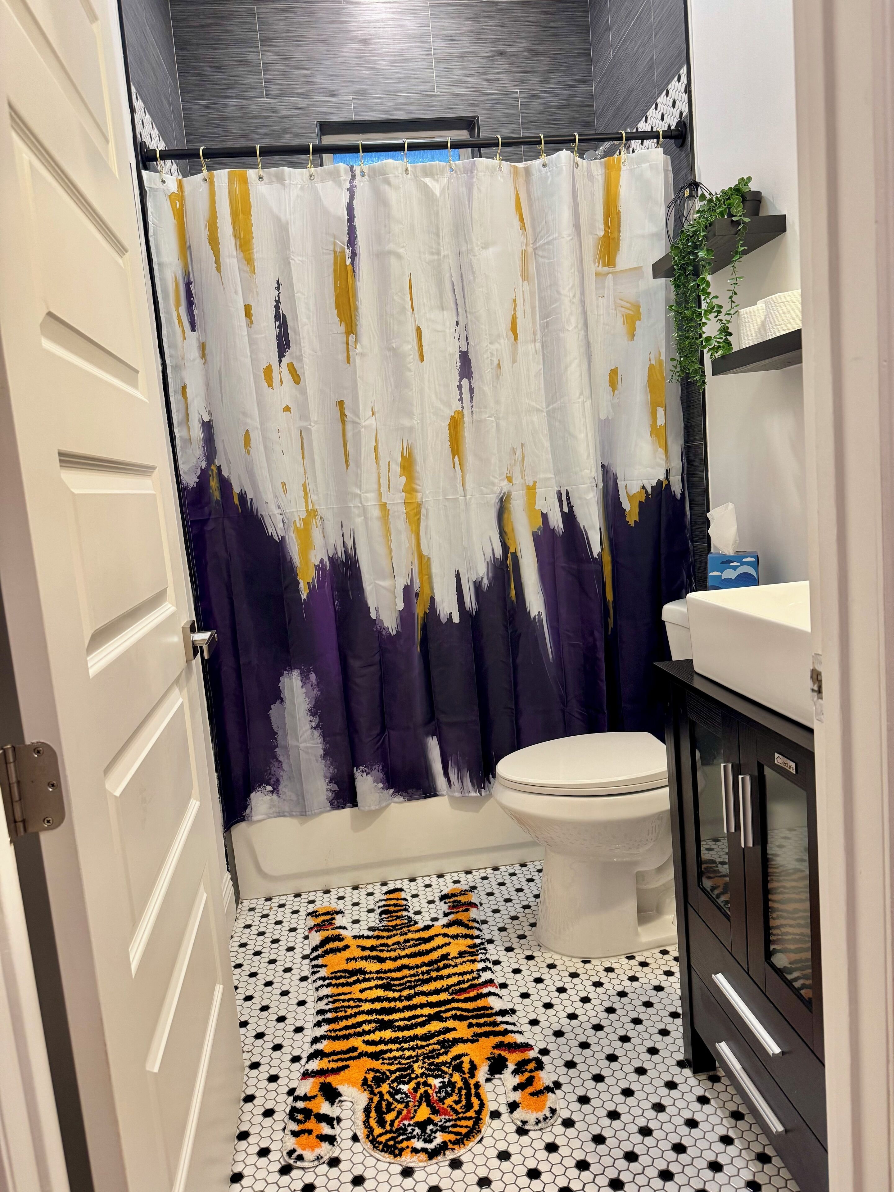 Shower, hair dryer, towels, toilet paper