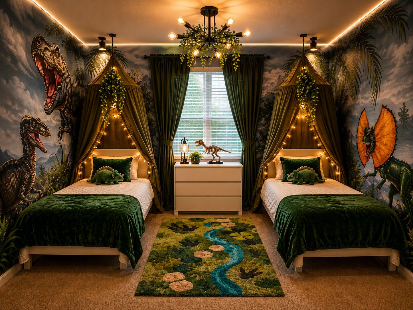 A bedroom with two beds, a window with curtains, a mural of dinosaurs, and a chandelier.