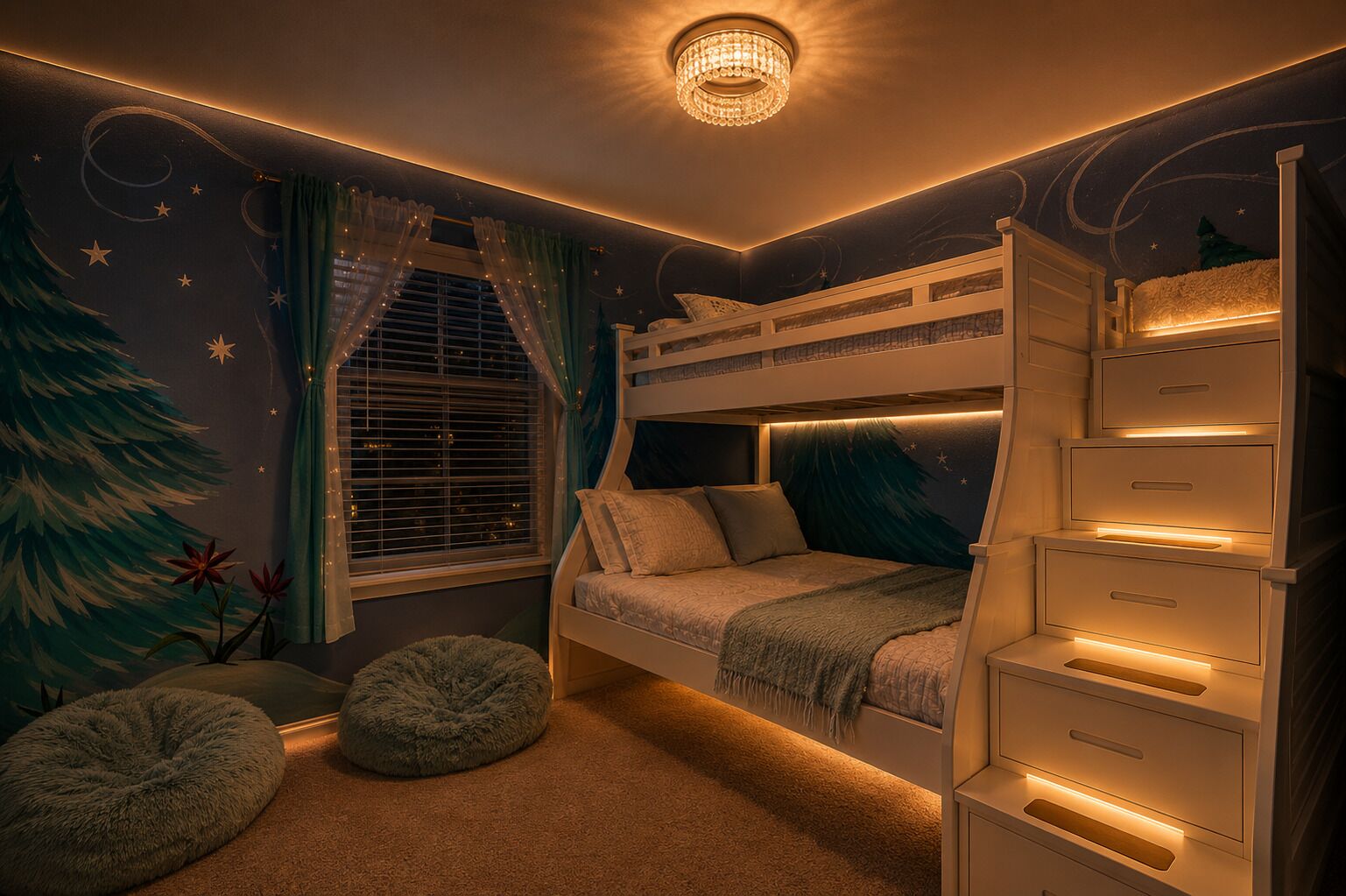Un lit superposé avec des tiroirs, une fenêtre avec des rideaux, un lustre et un mur décoratif.