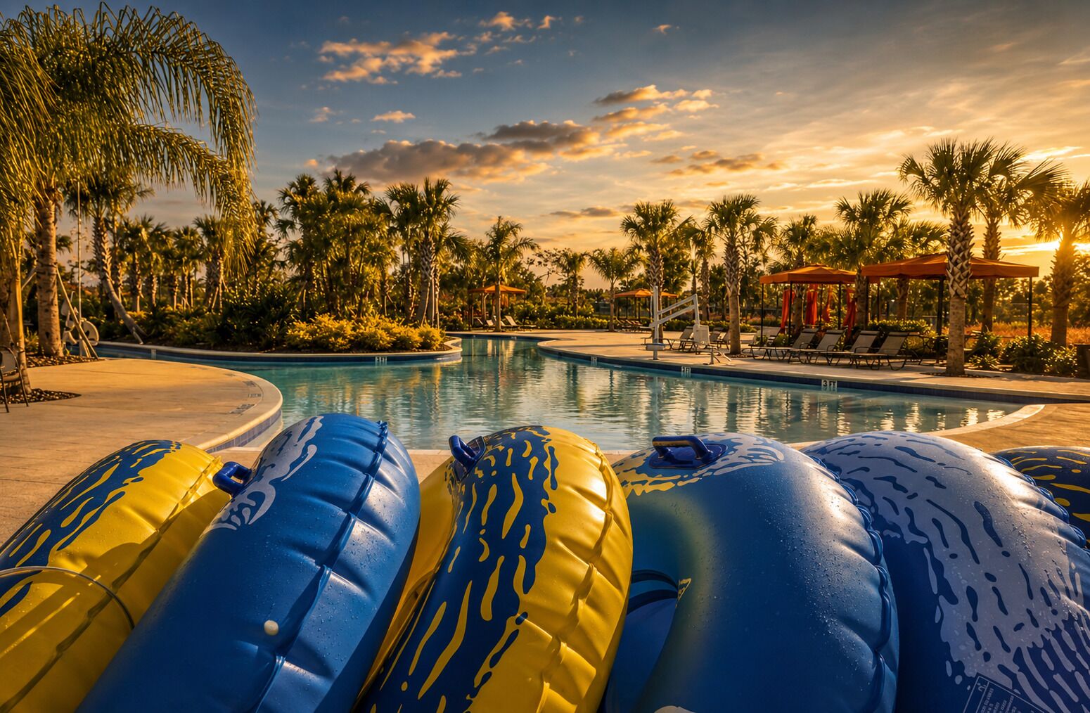 Una piscina con flotadores, palmeras y un pabellón.